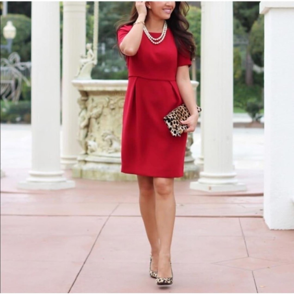 J.Crew Red Crepe Short Sleeve Pleated Sheath Dress
